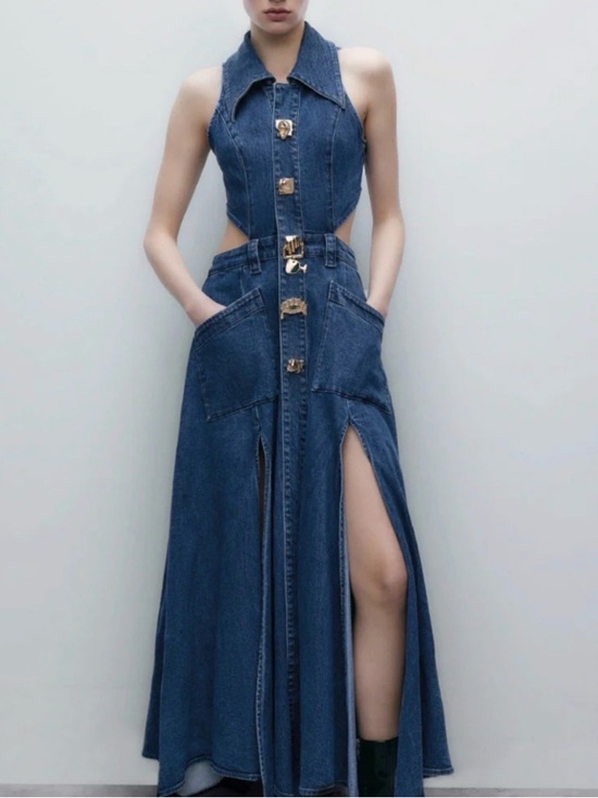 Urban Revivo Dresses & Skirts - Sleeveless Denim Cutout Maxi Dress in Blue